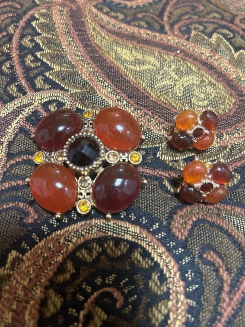 Vtg Czech Revival Carnelian Glass Gold Tone Cross Rhinestone Brooch Earrings Set